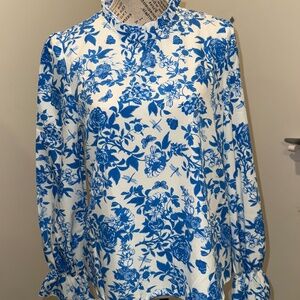 Blue & White Toile de Jouy Ruffle Trim Blous | Woman's Medium | NWNT